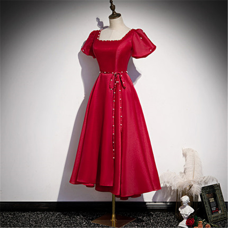 Vintage Red Puff Sleeve Midi Dress