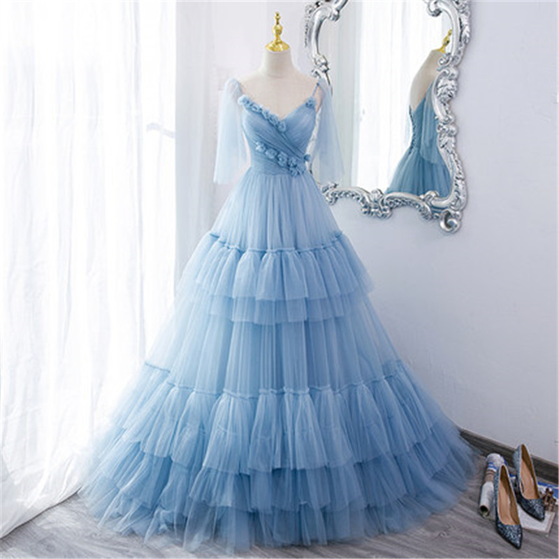 Blue Tulle Prom Dress Evening Dress Custom Size M002
