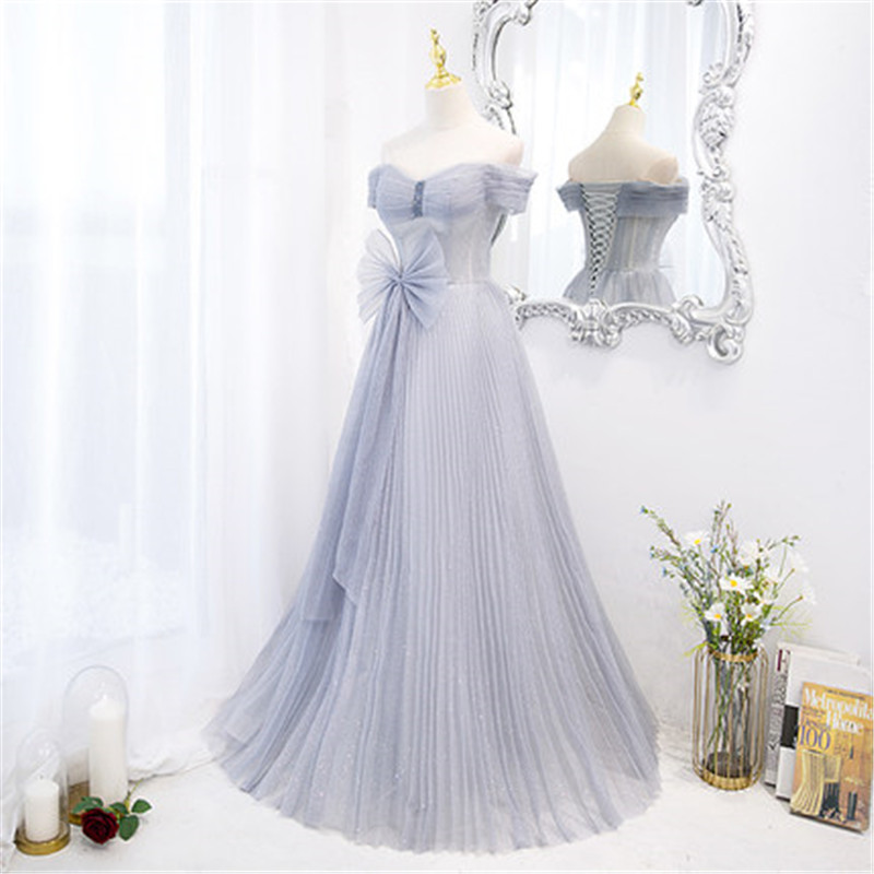 Tulle Off The Shoulder Floor Length Prom Dress Evening Dress Big Bow Custom M006