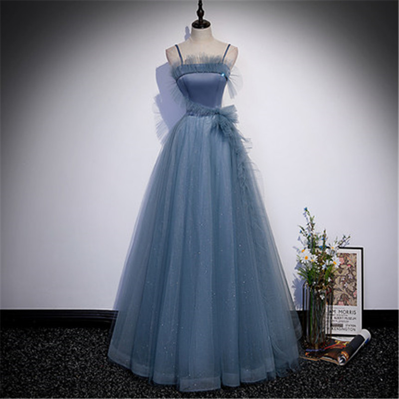 Blue Tulle Strapless Floor Length Prom Dress Evening Dress Custom Color M015