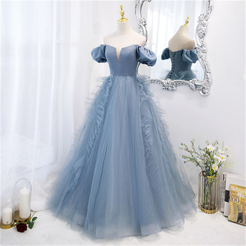 Blue Tulle Strapless Cap Shoulder Floor Length Prom Dress Evening Dress Custom Color M019