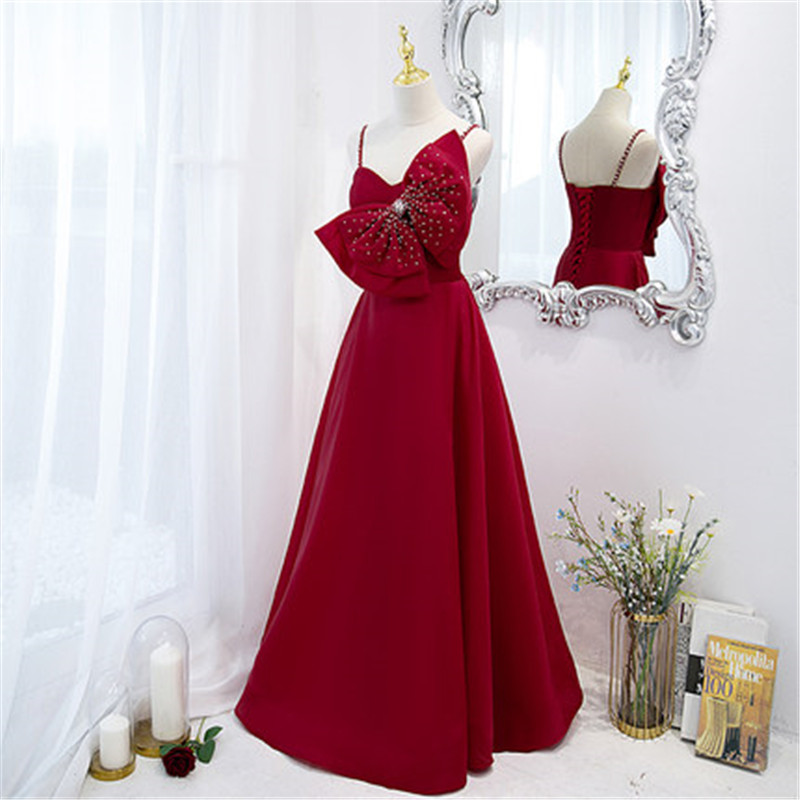 Red Strapless Prom Dress Evening Dress Big Bow Beading Custom Size M025