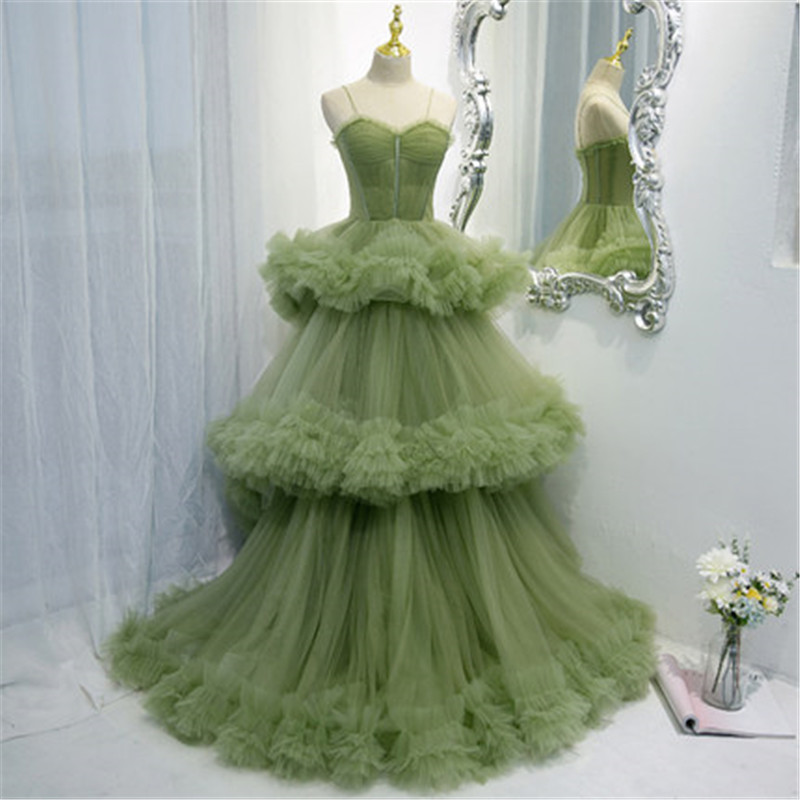 Green Ball Gown Tulle Strapless Prom Dress Evening Dress Custom Size M028