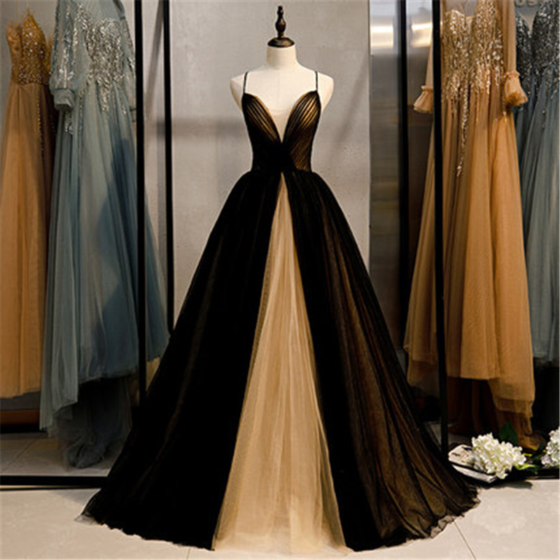 slim fit dress slacks Black Chiffon with Gold Beaded Sweep Train Mermaid Prom Dresses APD2991 main image 1