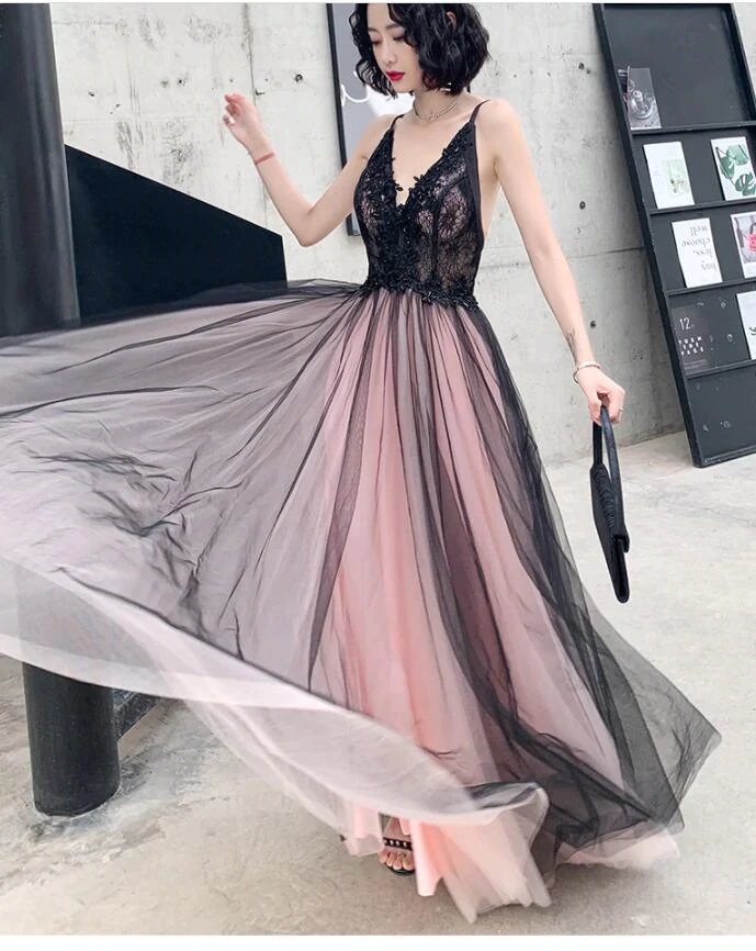 Tulle Lace Applique Prom Dresses Long for Women 2024 Spaghetti Straps A-Line Evening Cocktail Party Dresses Y6762 main image 1