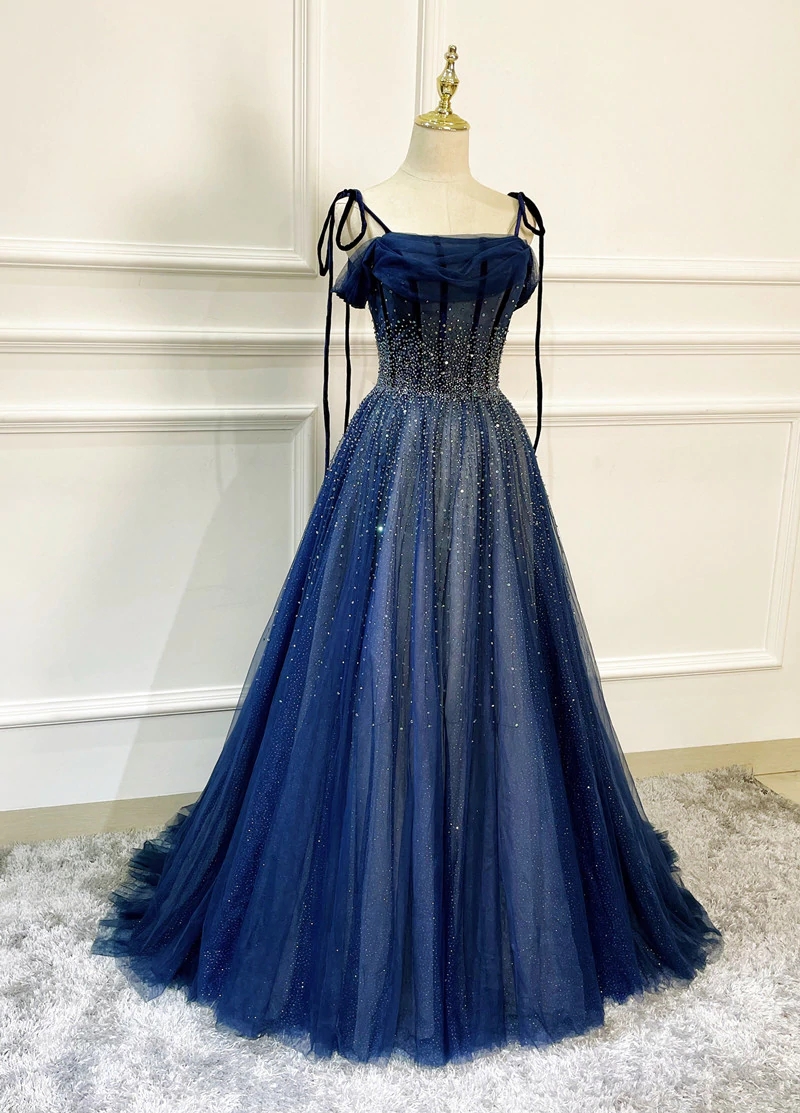 Blue Tulle Lace Applique Prom Dress Evening Dress Custom Size M043