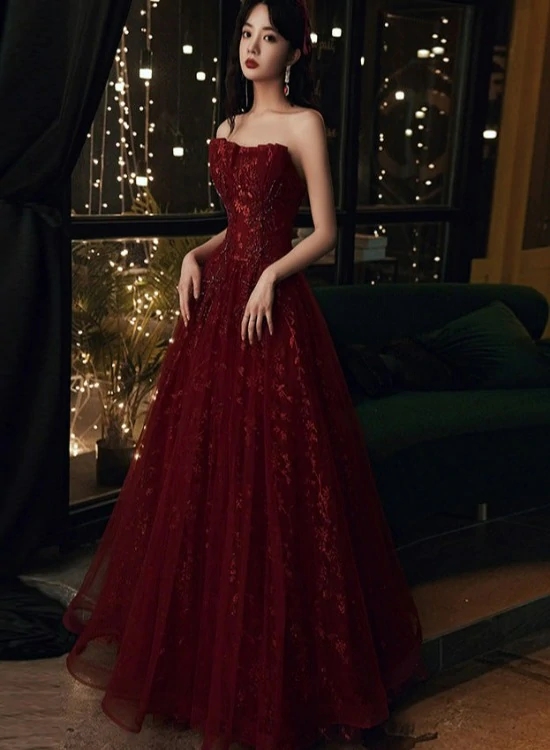 Wine Red Round Neckline Beaded Long Party Dress, Burgundy Tulle Prom Dress main image 1