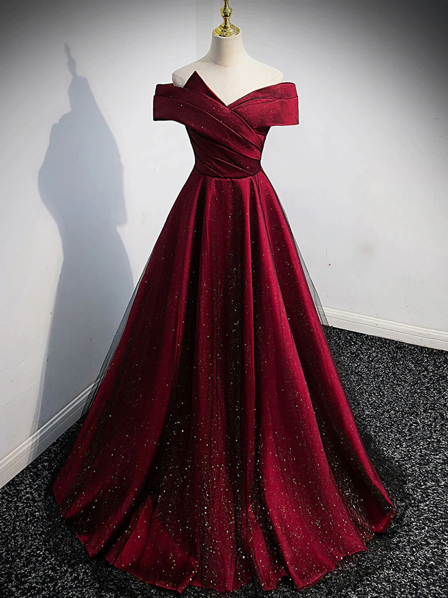 Gorgeous Wine Red Satin Off Shoulder Party Dress Beautiful