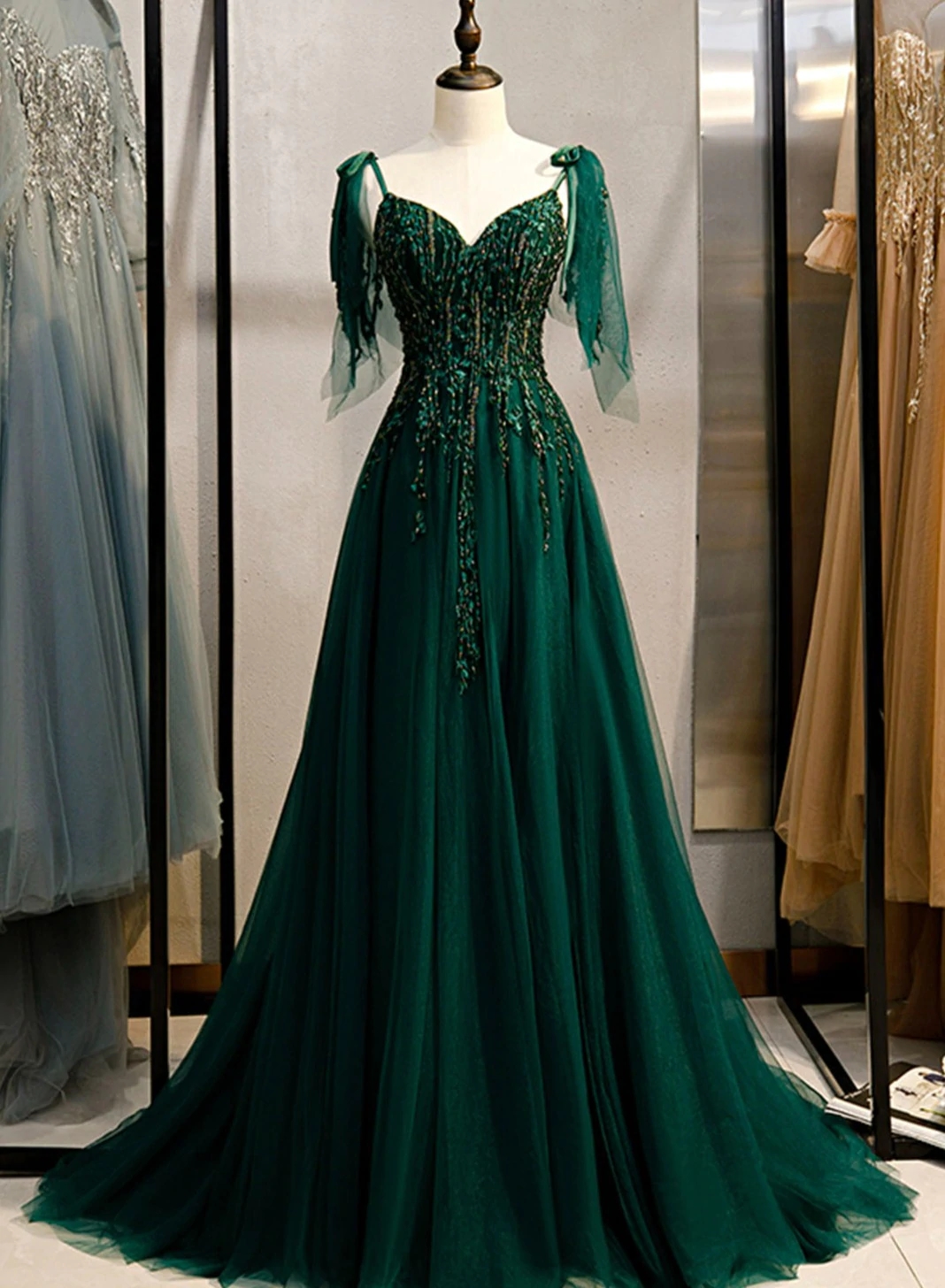 Dark Green Beaded Tulle Straps A-line Formal Dresses, Green Evening Dress Prom Dresses M054