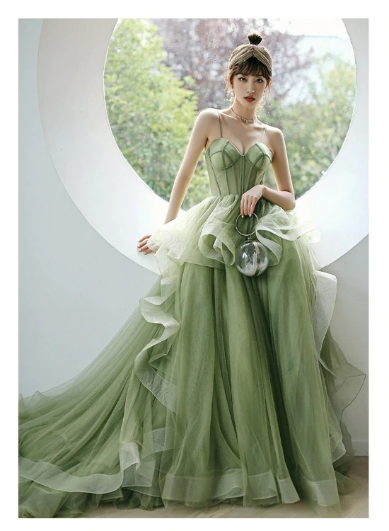 Mint Green Tulle Sweet 16 Long Formal Dress, Green Sweetheart Evening Party Dresses M062