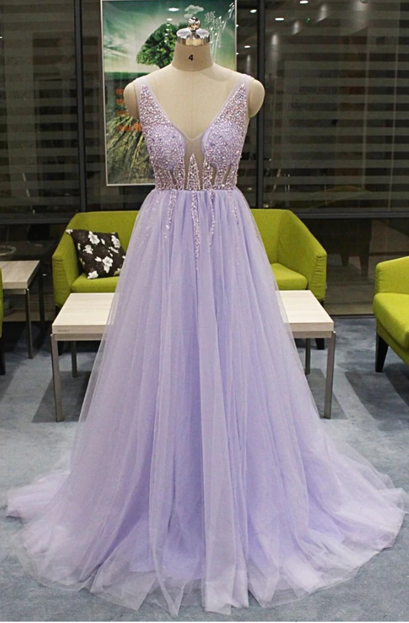 Lavender Tulle Beaded V-neckline Low Back A-line Prom Dress, Lavender Evening Dresses M071