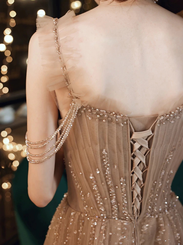 Long Tulle Dress with Beaded Straps Flamingo