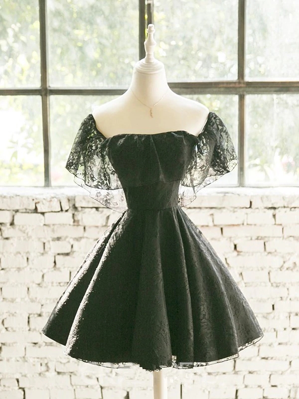Black Off Shoulder Lace Sweetheart Lovely Short Homecoming Dress, Black Party Dress M101