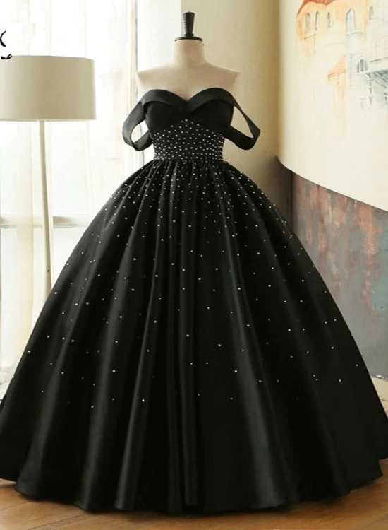 Black Satin Off Shoulder Beaded Floor Length Formal Dress, Black Prom Dress Party Dress M106