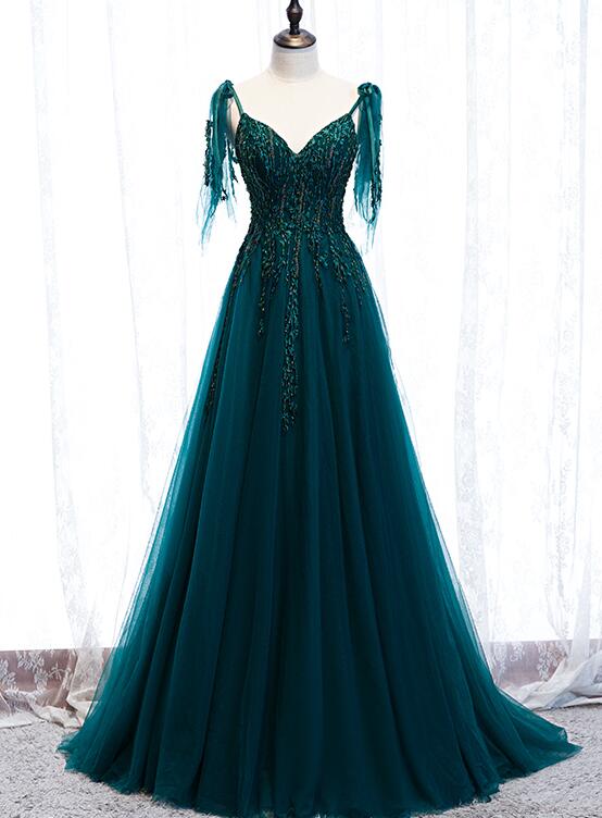 Lovely A-line Straps Tulle Teal Blue Long Evening Dress Prom Dress, A-line Formal Dresses M108