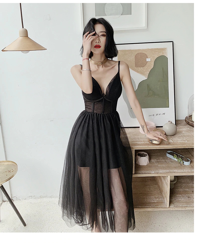 Black Tulle V-neckline Party Dress With Straps Formal Dress, Black Evening Dress M112