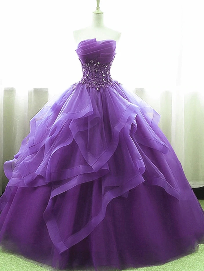 Purple Ball Gown Organza And Tulle Sweet 16 Dress With Lace Appique, Purple Formal Gown M115