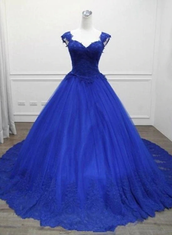 Royal Blue Tulle Sweetheart Ball Gown Formal Dress With Lace Applique, Blue Sweet Dresses M121