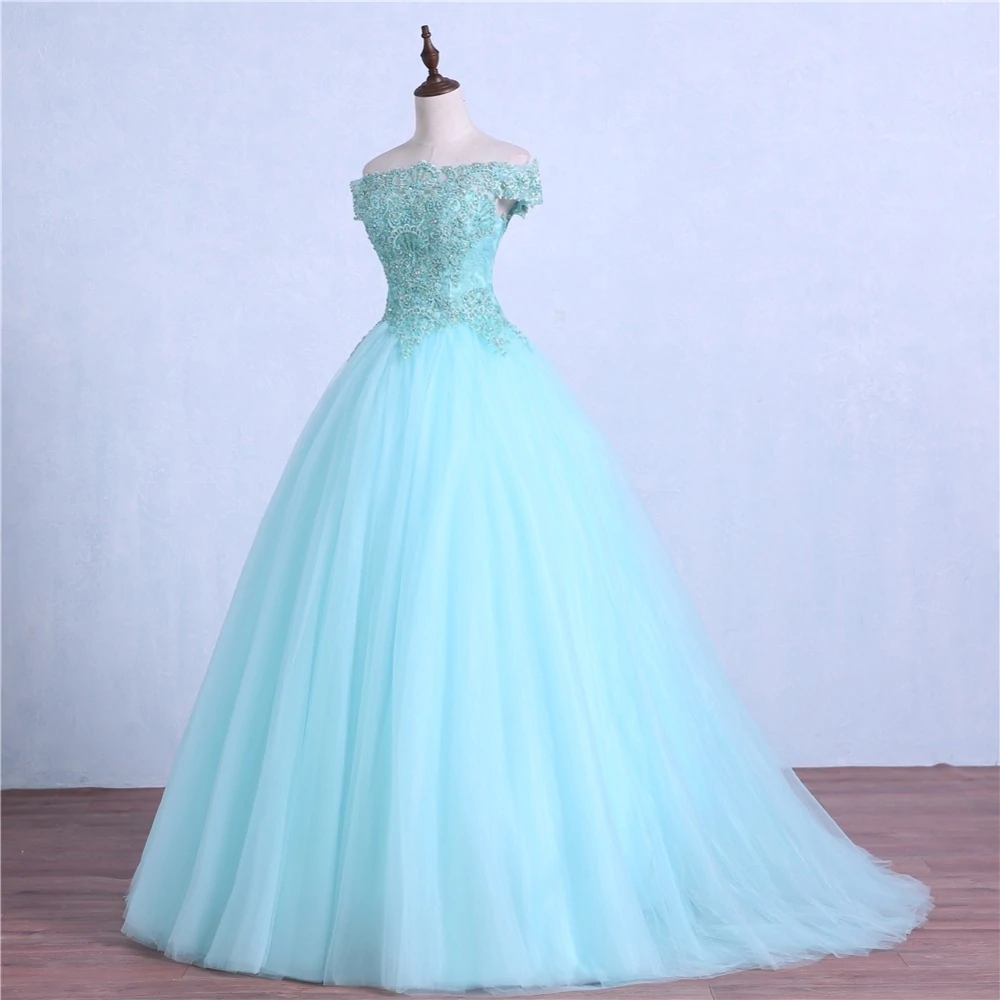 Mint Blue Off Shoulder Lace Applique Tulle Formal Dress, Ball Gown Tulle Party Dresses M124