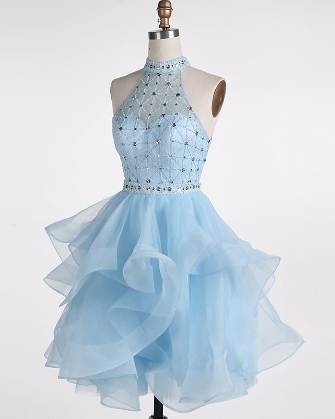 Light Blue Beaded Layers Knee Length Party Dress, Blue Homecoming Dress Short Prom Dress M125