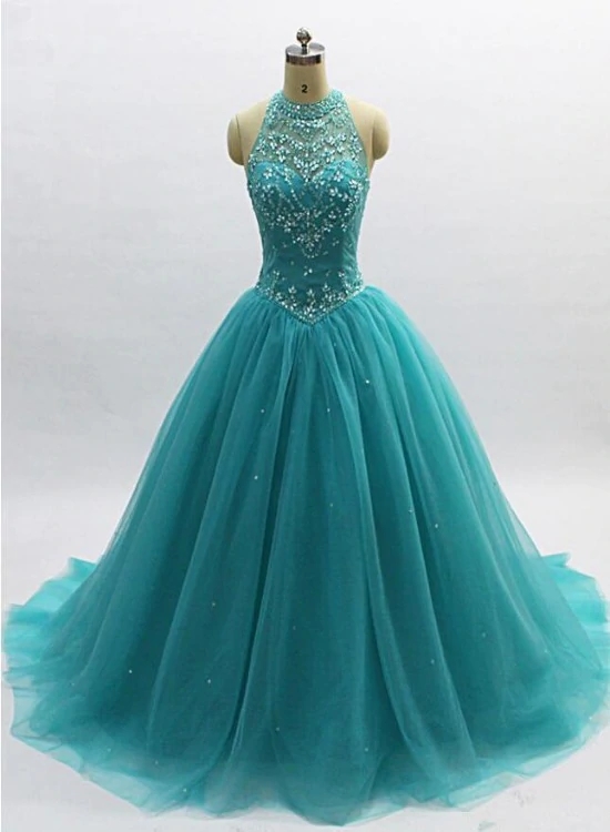 Teal Blue Tulle Beaded Ball Gown High Neckline Sweet 16 Dress, Blue Quinceanera Dresses M126