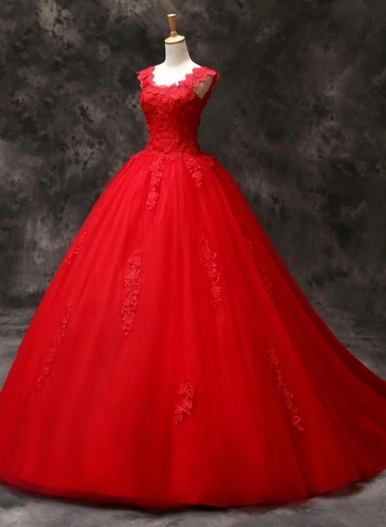 Gorgeous Red Tulle Ball Gown Long Formal Dress With Lace Flowers, Red Sweet Dresses M135