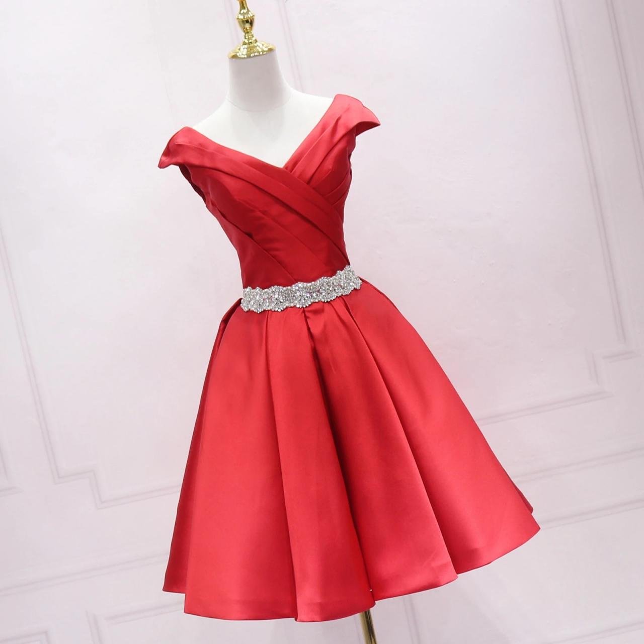 Vintage Red Satin Dress with Rhinestone Belt