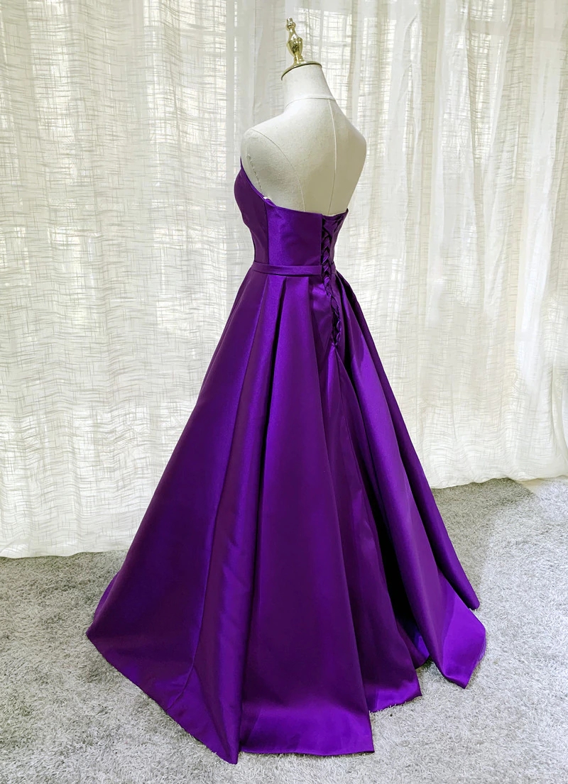 Purple Satin A Line Simple Floor Length Evening Dress Formal Dress Dark Purple Prom Dresses 
