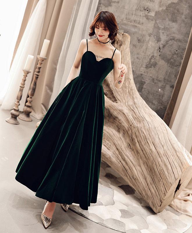 Dark Green Chic Straps Velvet Long Bridesmaid Dress Party Dress, Velvet Evening Dress M150
