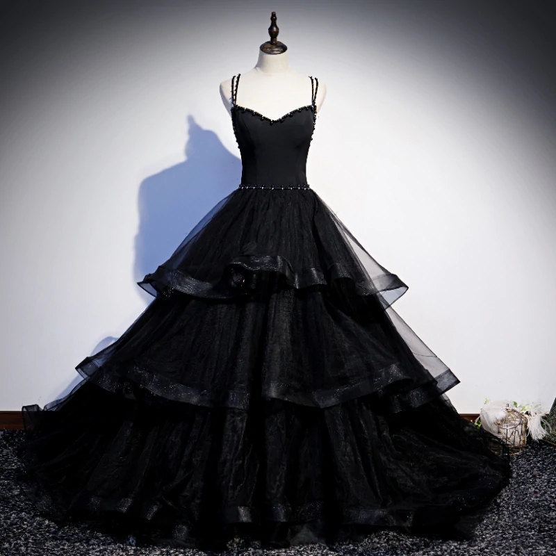 Black Tulle Layers Straps Beaded Long Evening Dress, Black Formal Dress Prom Dress M160