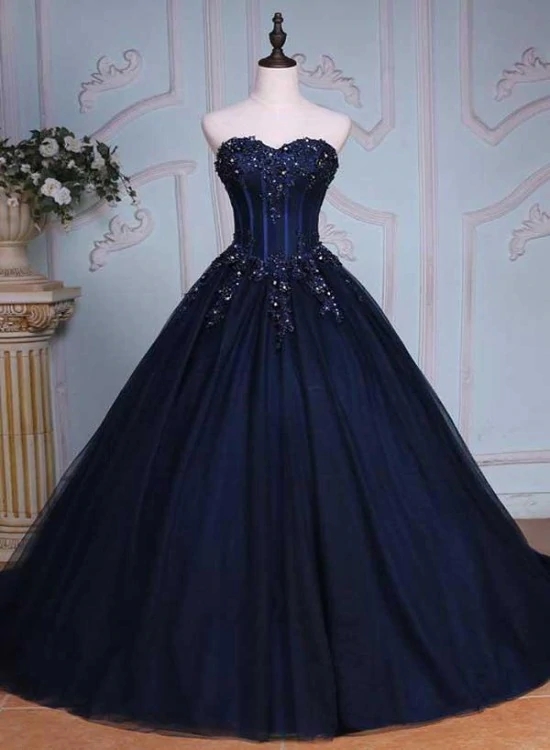 Navy Blue Sweetheart Tulle Ball Gown Lace Beaded Party Dress, Blue Formal Dress Prom Dress Custom Size M172