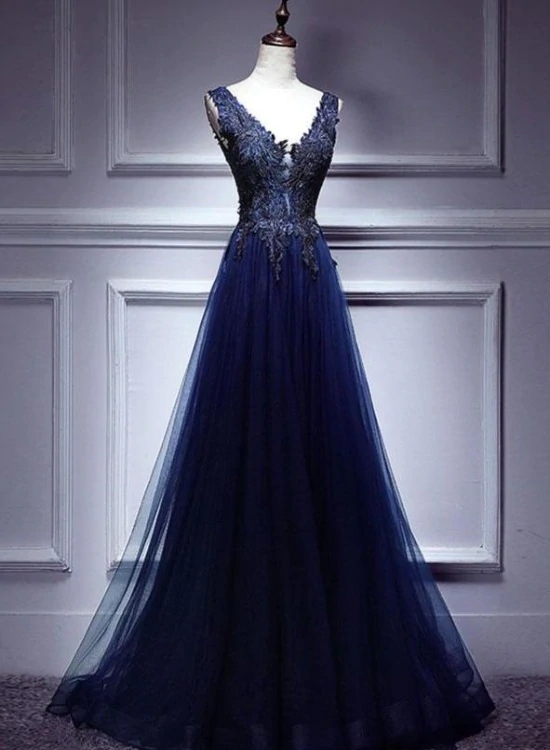 Navy Blue V-neckline Lace Top A-line Floor Length Prom Dress, Blue Formal Dress Evening Dress M182