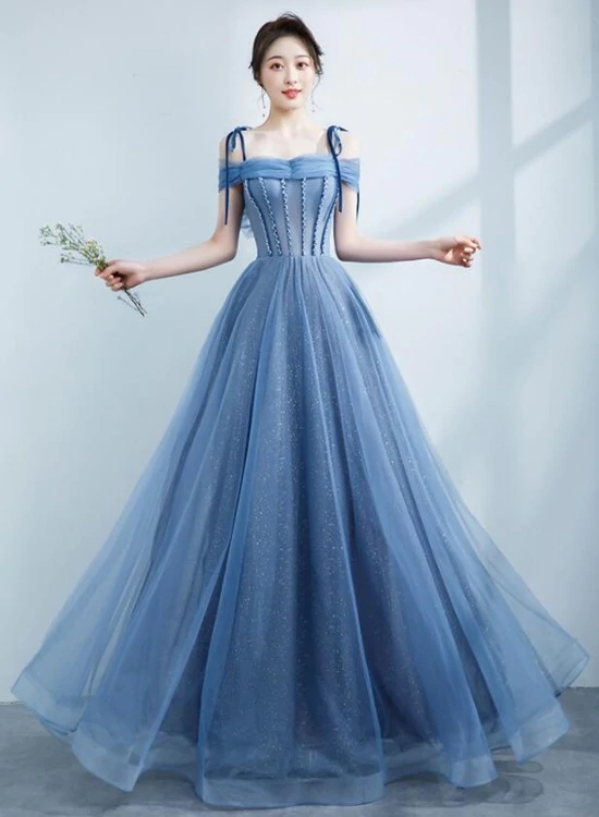 Shiny Blue Off Shoulder Beading Tulle Formal Evening Gown Prom Dress, DP2466