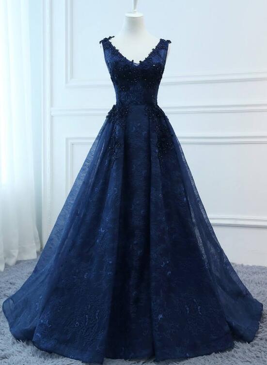 Navy Blue V-neckline Lace Long Party Dress With Flowers, Blue V-neckline Prom Dress M187