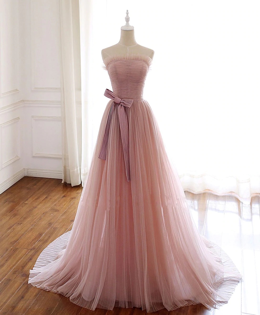 Simple Pink Fashionable Scoop Tulle Long Wedding Party Dress With Bow, Pink Long Formal Dress M190