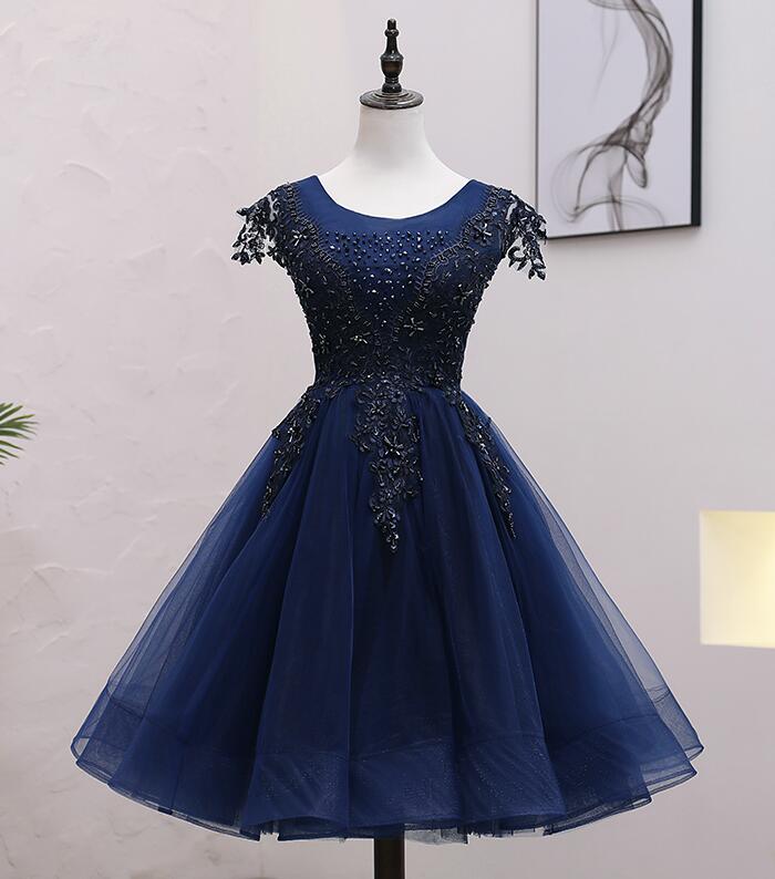 Navy Blue Tulle Beaded Knee Length Cap Sleeves Prom Dress, Blue Homecoming Dress M201