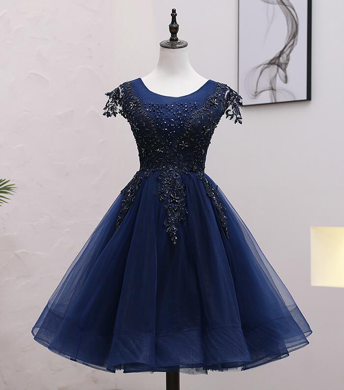 Navy Blue Tulle Beaded Knee Length Cap Sleeves Prom Dress, Blue