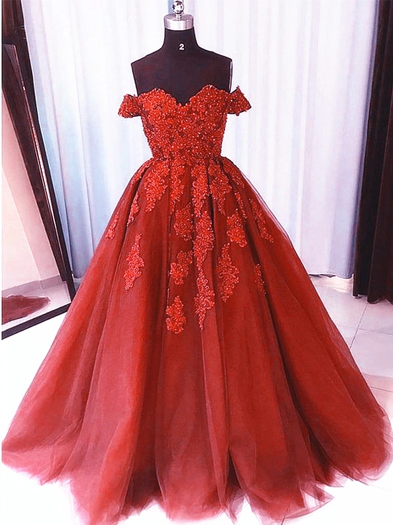 Dark Red Tulle Long Off Shoulder Beaded Lace Prom Dress, Red Sweet Gown M207