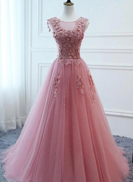Pink Tulle With Lace Applique Long Formal Dress, Round Neckline A-line Prom Dress M212