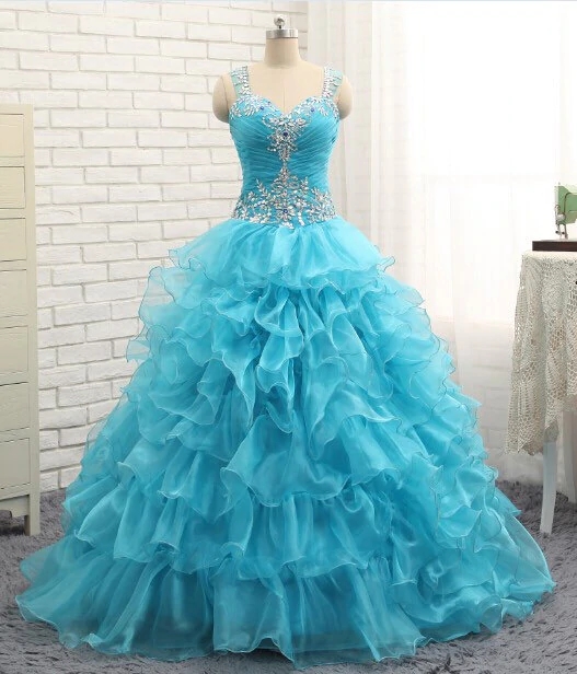 Blue Organza Sweetheart Quinceanera Dresses,long Crystal Ruffles Prom Gowns M231