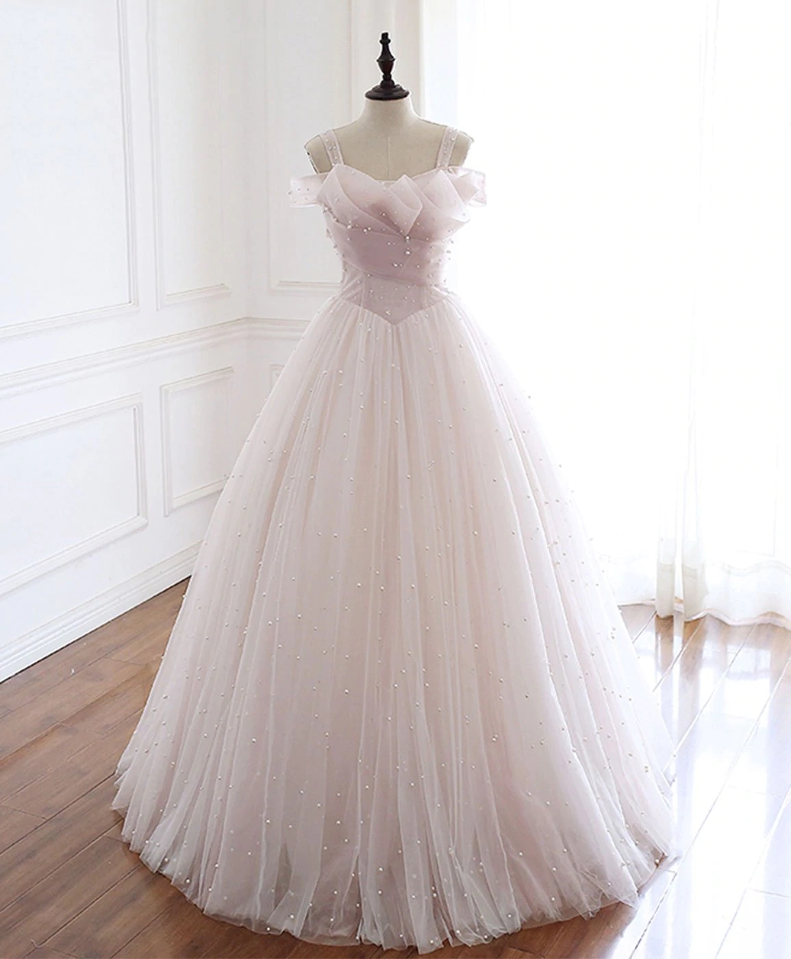 Light Pink Tulle Long Party Dress With Pearls, Floor Length Formal Dress M237