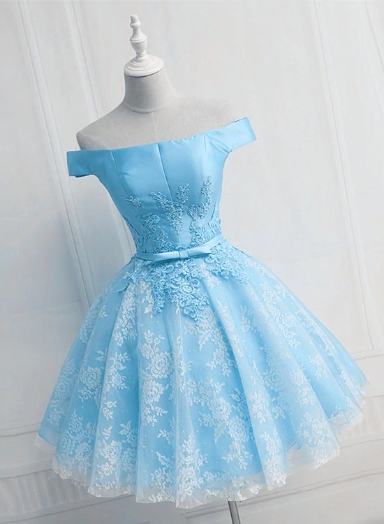 Light Blue Lace And Satin Short Party Dress, Blue Prom Dress Homecoming Dress M243