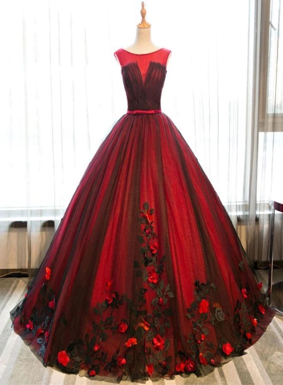 Unique Red And Black Tulle Ball Gown Flowers Sweet 16 Dress, Red Formal Gown M253
