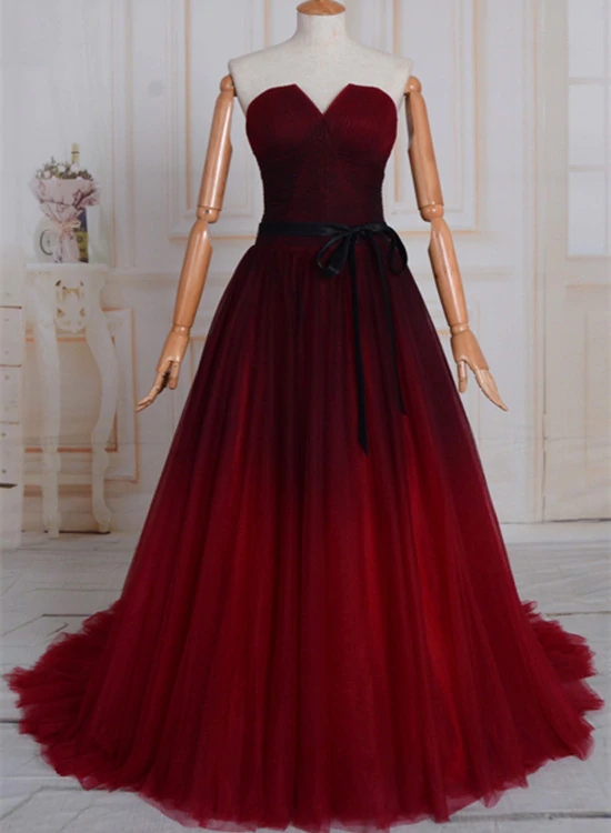 Uniuqe Black And Red Gradient Tulle Prom Dress, A-line Long Evening Gown M257