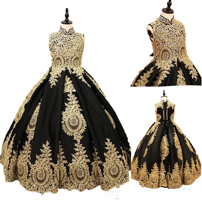 Cute Luxurious Black And Gold Lace Flower Girls Dress High Neck With Corset Back Crystal Designer Girl First Communion Pageant Gown Fl002