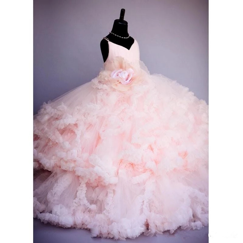 Custom Pink Flower Pageant Dresses For Wedding Kids Ball Gowns Tiered Ruffles Backless First Communion Dresses For Girls Fl007