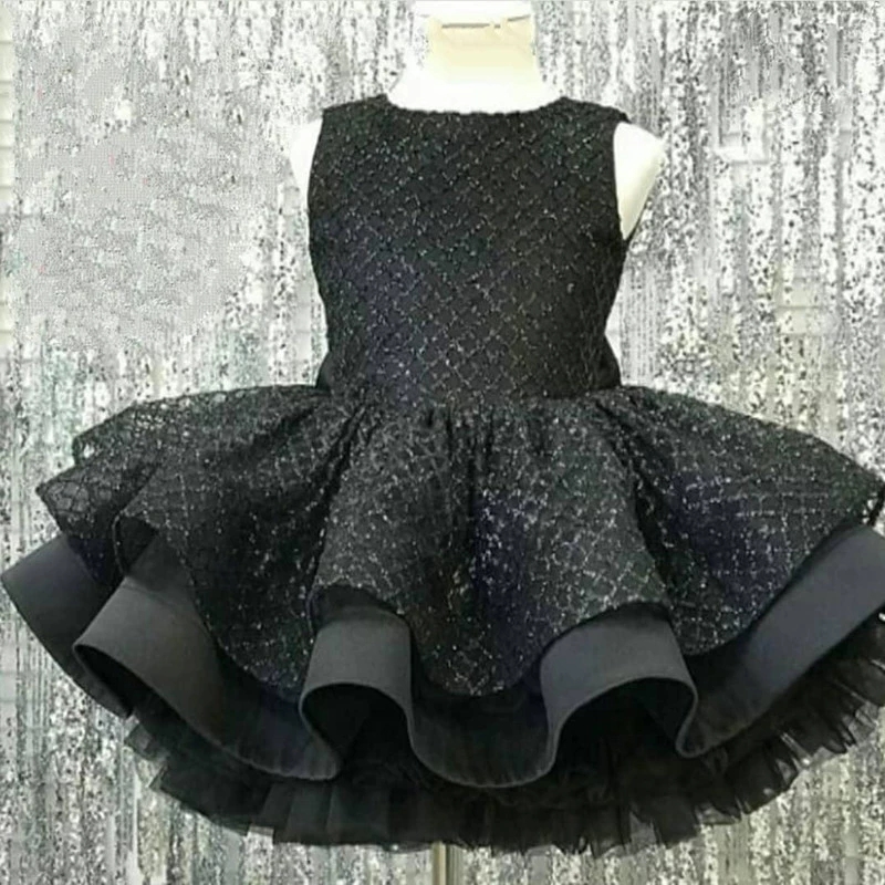 Hand Made Black Sparkly Flower Girl Dresses Backless Knee Length Little Girl Wedding Gowns First Communion Pageant Kids Wears Fl008