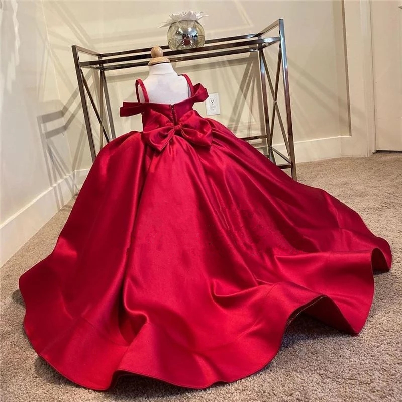 Cute Red Stain Spaghetti Straps Flower Girls Dress For Wedding With Long Train First Holy Communion Pageant Party Gown With Big Bows Fl009