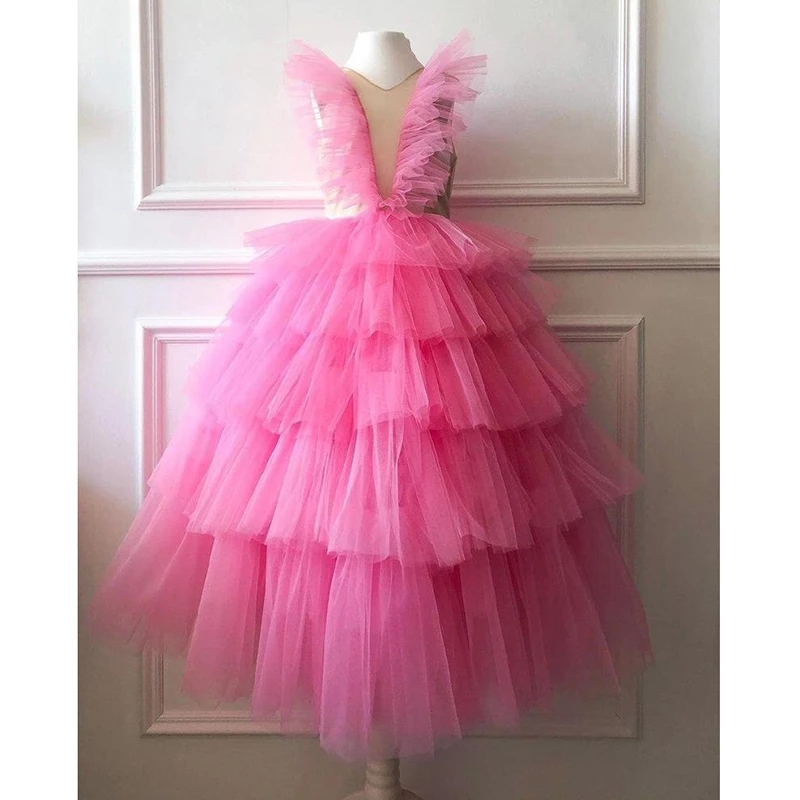 Custom Made Pink Ruffles Flower Girls Dresses For Weddings Baby Party Real Images Kids Photoshoot Baby Birthday Gowns Fl010