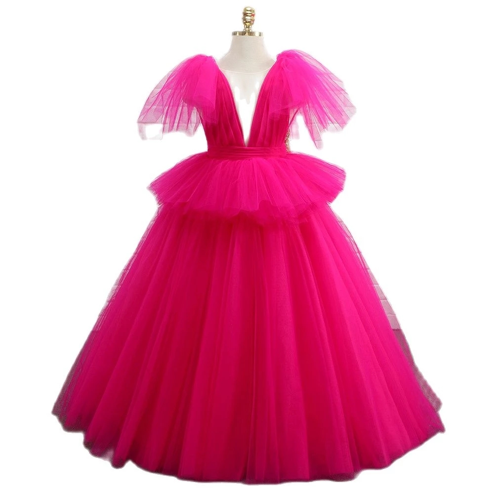 Custom Pink Flower Girl Dresses Tulle Layers First Communion Kids Dresses Puff Sleeves Bow Knot Girl Wedding Little Bride Gowns Fl012